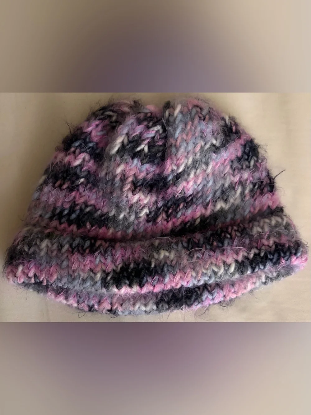 Hand-Knit Multicolor Beanie - Pink & Gray
